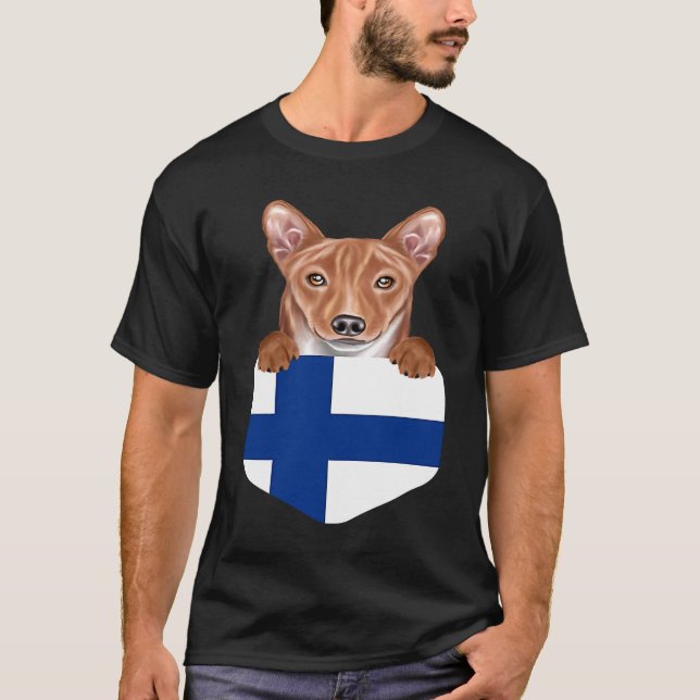 Finland Flag Basenji Dog In Pocket T-Shirt (Front)