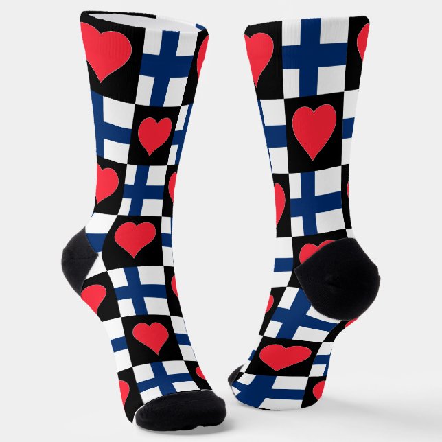 Finland Flag Heart Pattern Fun Finnish Pride Socks (Angled)