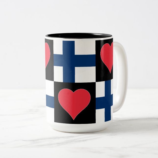 Finland Flag Heart Pattern Patriotic Finnish Pride Two-Tone Coffee Mug (Front Right)
