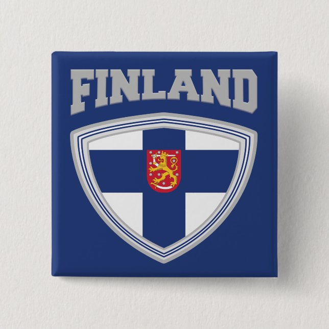 Finland Flag Shield & Emblem 2 Inch Square Button (Front)
