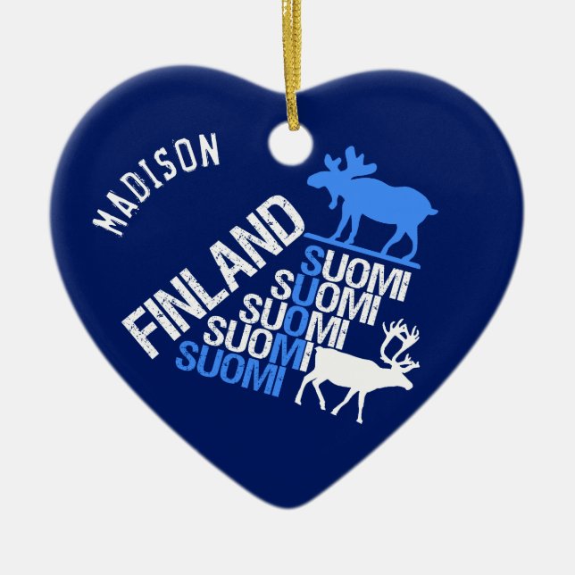 Finland Moose & Reindeer custom name ornament (Front)