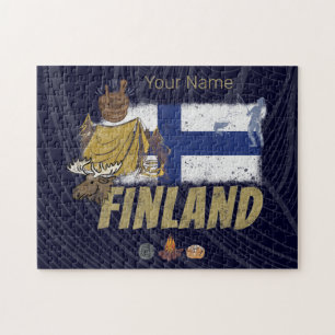 Finland moose vintage flag and tent souvenir jigsaw puzzle