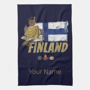 Finland moose vintage flag and tent souvenir kitchen towel