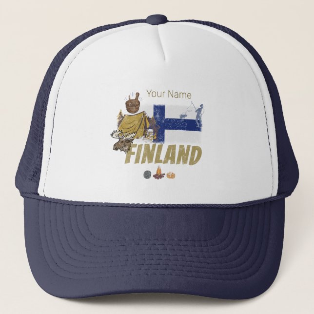 Finland Moose Vintage Flag Tent Retro Souvenir Trucker Hat (Front)