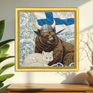 Finland Viking Bear, Arctic Fox Art Nouveau Square Wall Clock