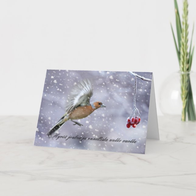 finnish christmas card with chaffinch in flight to (Front)