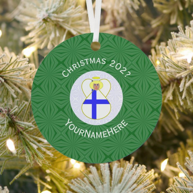 Finnish Flag Christmas Angel Name Year Metal Ornament (Insitu)