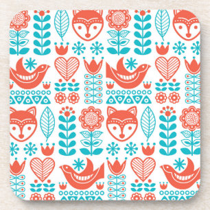 Finnish Fox & Bird Folk Art Pattern Coaster