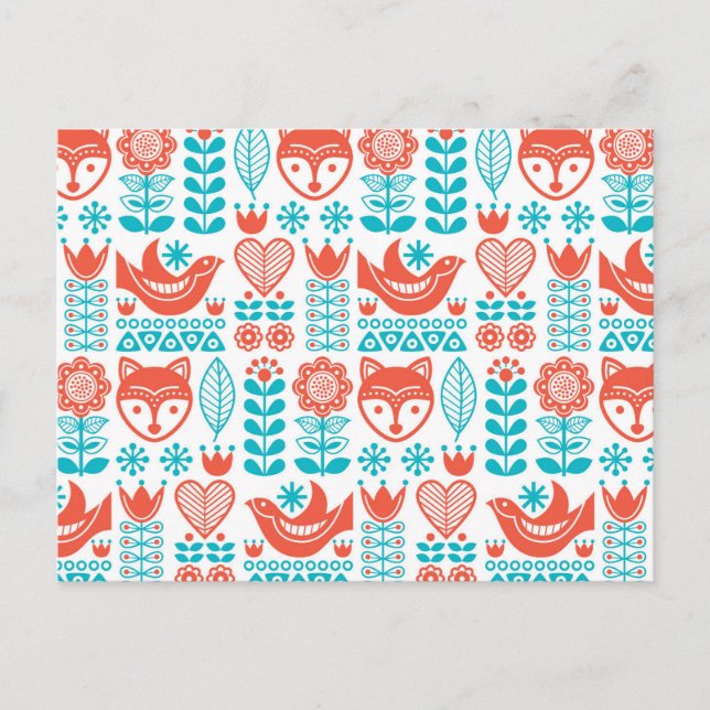 Finnish Fox & Bird Folk Art Pattern Holiday Postcard (Front)
