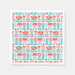 Finnish Fox & Bird Folk Art Pattern Napkin