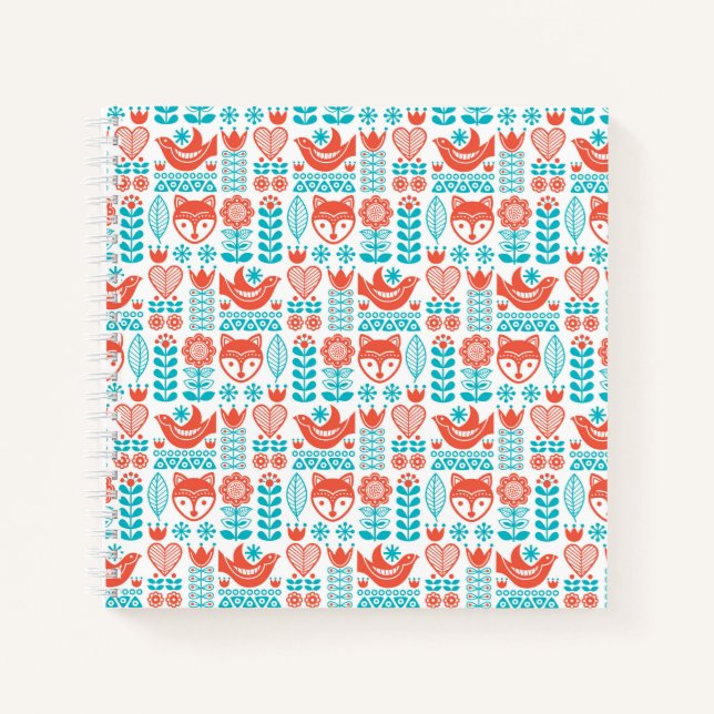 Finnish Fox & Bird Folk Art Pattern Notebook (Front)