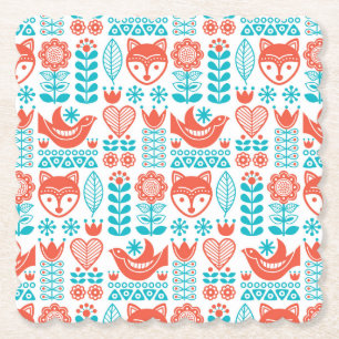 Finnish Fox & Bird Folk Art Pattern Paper Coaster