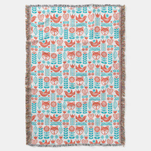Finnish Fox & Bird Folk Art Pattern Throw Blanket