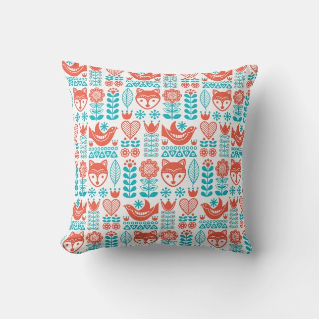 Finnish Fox & Bird Folk Art Pattern Throw Pillow (Front)