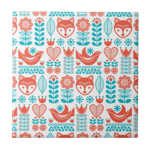 Finnish Fox & Bird Folk Art Pattern Tile