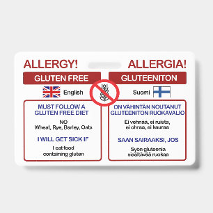 FINNISH Gluten Free Travel Card   Allergy Badge