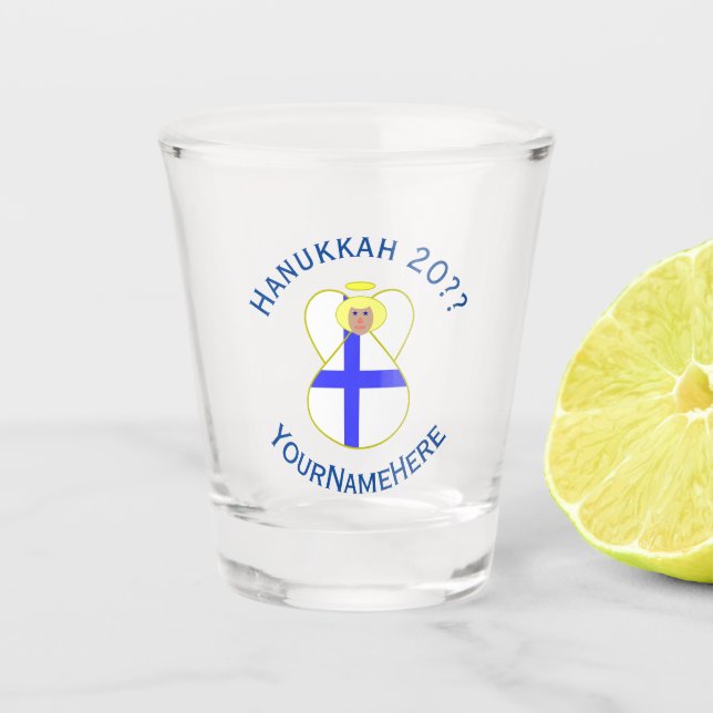 Finnish Hanukkah Angel Flag Personalized Shot Glass (Front)
