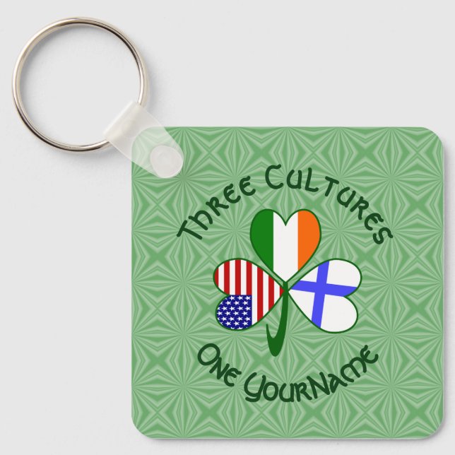 Finnish Irish American Flags Shamrock Your Name Keychain (Front)