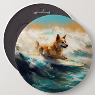 Finnish Lapphund Beach Surfing Painting 6 Inch Round Button