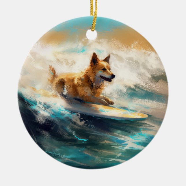Finnish Lapphund Beach Surfing Painting Ceramic Ornament (Front)