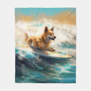 Finnish Lapphund Beach Surfing Painting Fleece Blanket