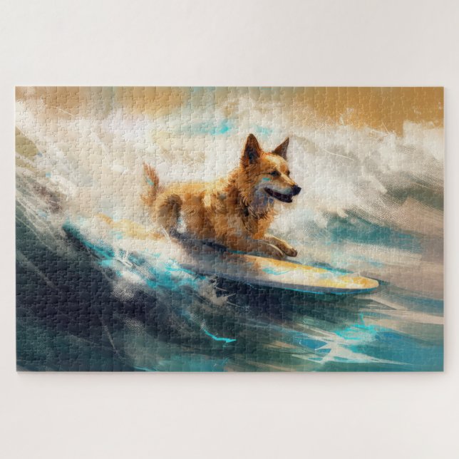 Finnish Lapphund Beach Surfing Painting Jigsaw Puzzle (Horizontal)