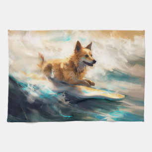 Finnish Lapphund Beach Surfing Painting Kitchen Towel