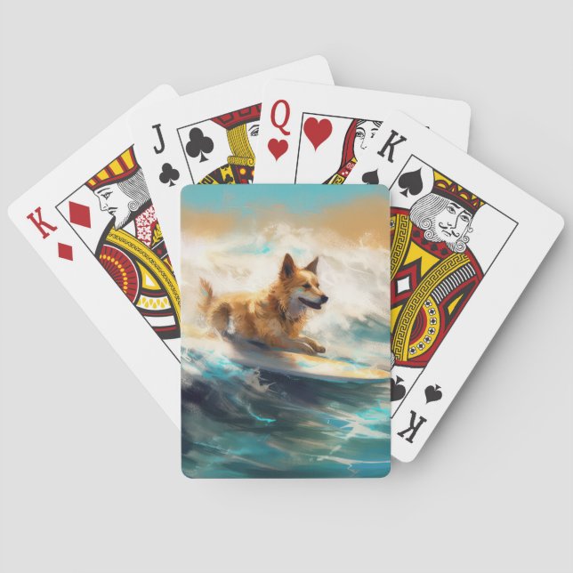 Finnish Lapphund Beach Surfing Painting Playing Cards (Back)