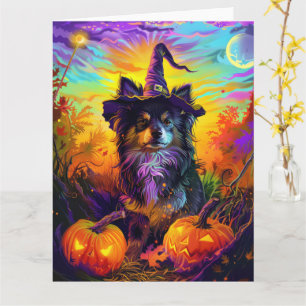 Finnish Lapphund Dog Halloween Witch And Pumpkin Card