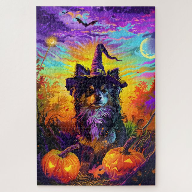 Finnish Lapphund Dog Halloween Witch And Pumpkin Jigsaw Puzzle (Vertical)