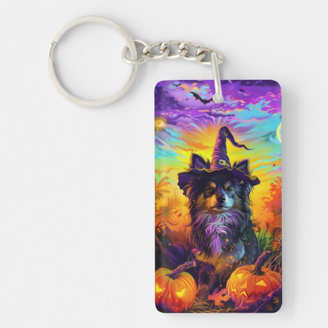 Finnish Lapphund Dog Halloween Witch And Pumpkin Keychain (Front)