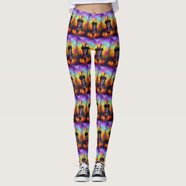 Finnish Lapphund Dog Halloween Witch And Pumpkin Leggings (Front)