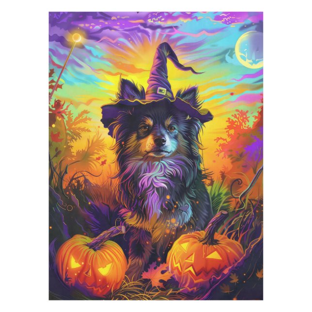 Finnish Lapphund Dog Halloween Witch And Pumpkin Tablecloth (Front)