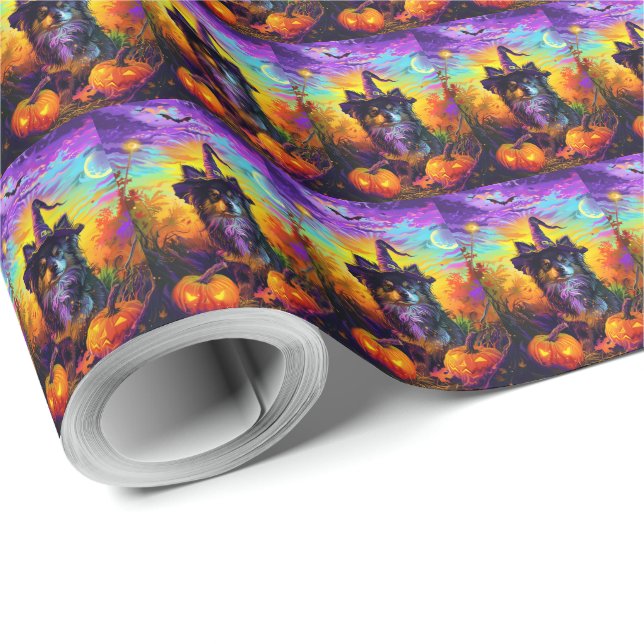 Finnish Lapphund Dog Halloween Witch And Pumpkin Wrapping Paper (Roll Corner)