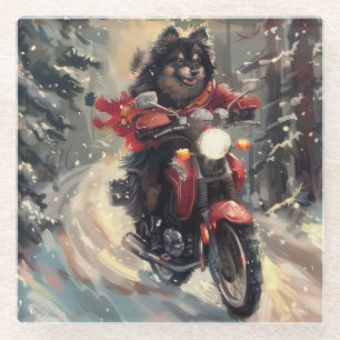 Finnish Lapphund Dog Riding Motorcycle Christmas  Glass Coaster