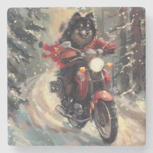 Finnish Lapphund Dog Riding Motorcycle Christmas  Stone Coaster