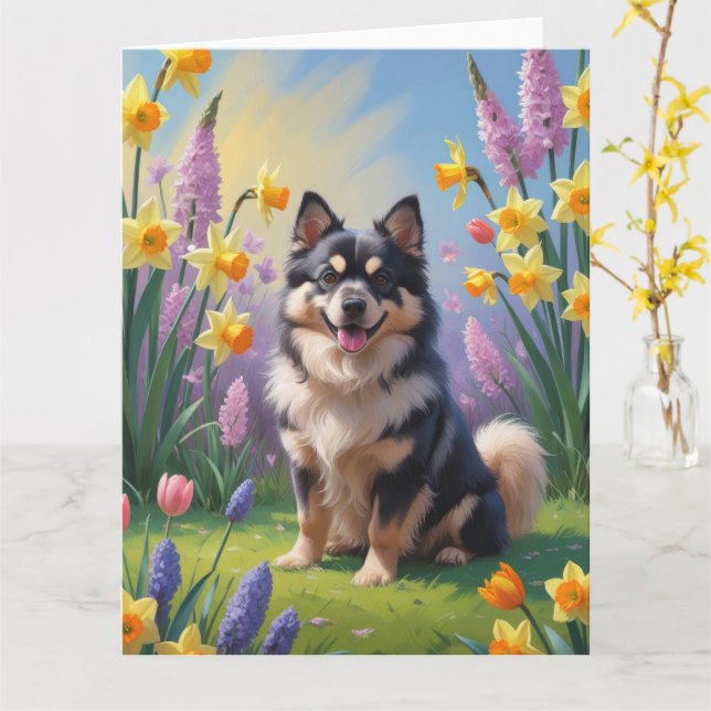 Finnish Lapphund Dog Spring Flowers Painting Card (Yellow Flower)