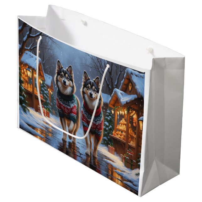 Finnish Lapphund Dogs Christmas Snow Holiday Large Gift Bag (Front Angled)