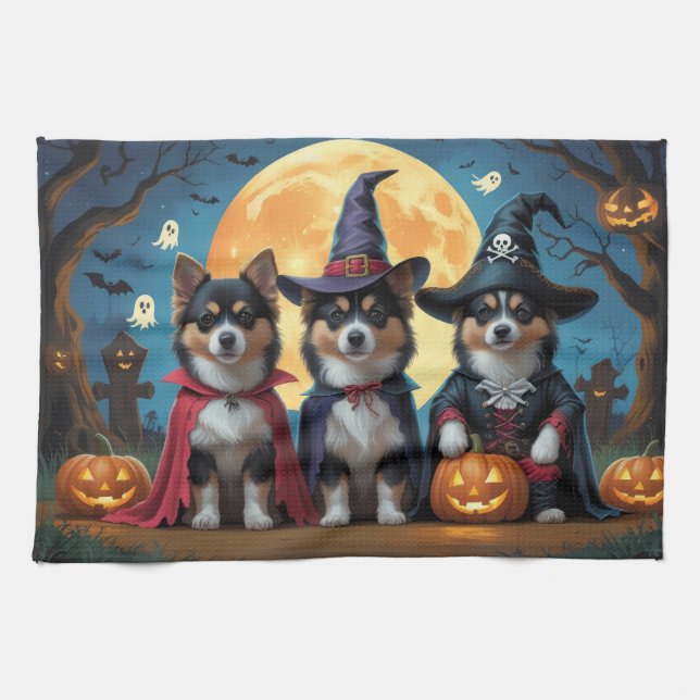 Finnish Lapphund Dogs Pumpkin Halloween Funny Kitchen Towel (Horizontal)