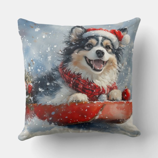 Finnish Lapphund in Sledge Let it Snow Christmas Throw Pillow (Back)