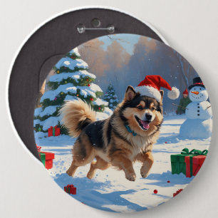 Finnish Lapphund Running Snow with Christmas Hat 6 Inch Round Button