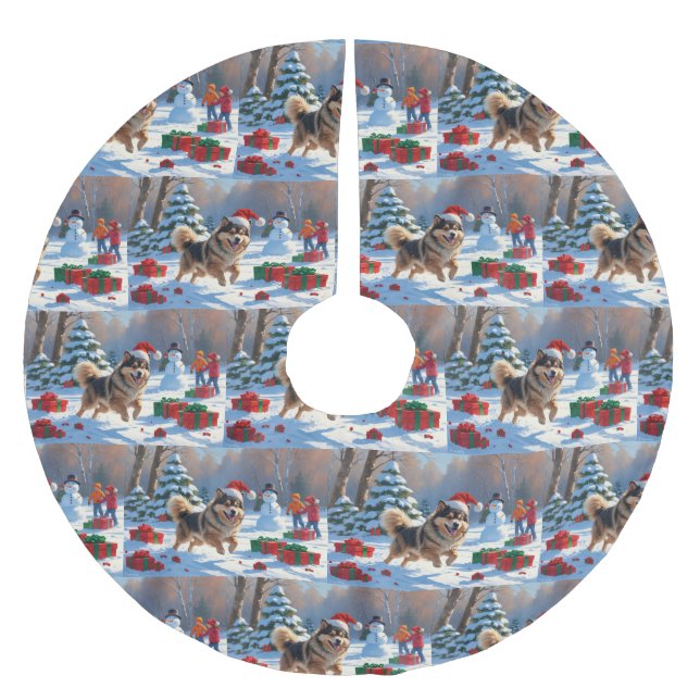 Finnish Lapphund Running Snow with Christmas Hat Brushed Polyester Tree Skirt (Front)