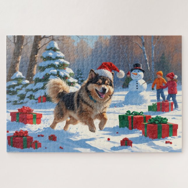 Finnish Lapphund Running Snow with Christmas Hat Jigsaw Puzzle (Horizontal)