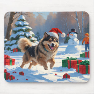 Finnish Lapphund Running Snow with Christmas Hat Mouse Pad