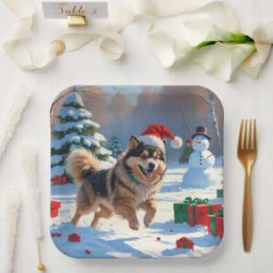 Finnish Lapphund Running Snow with Christmas Hat Paper Plate