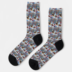 Finnish Lapphund Running Snow with Christmas Hat Socks