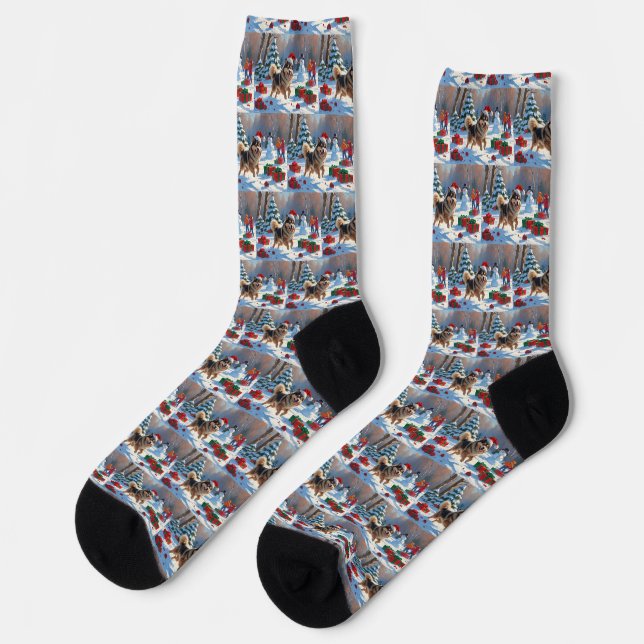 Finnish Lapphund Running Snow with Christmas Hat Socks (Left)