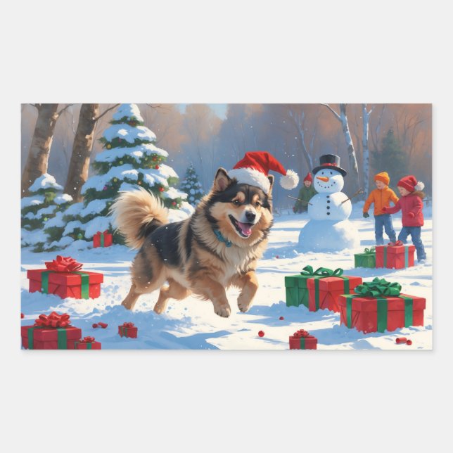 Finnish Lapphund Running Snow with Christmas Hat Sticker (Front)