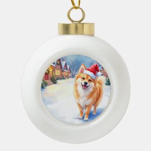 Finnish Lapphund Snowy Village Santa Hat Christmas Ceramic Ball Christmas Ornament