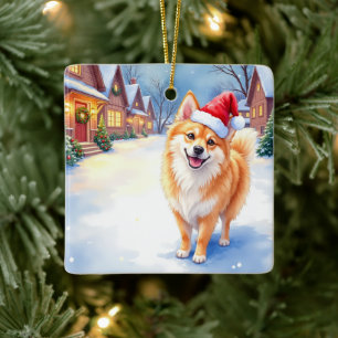 Finnish Lapphund Snowy Village Santa Hat Christmas Ceramic Ornament